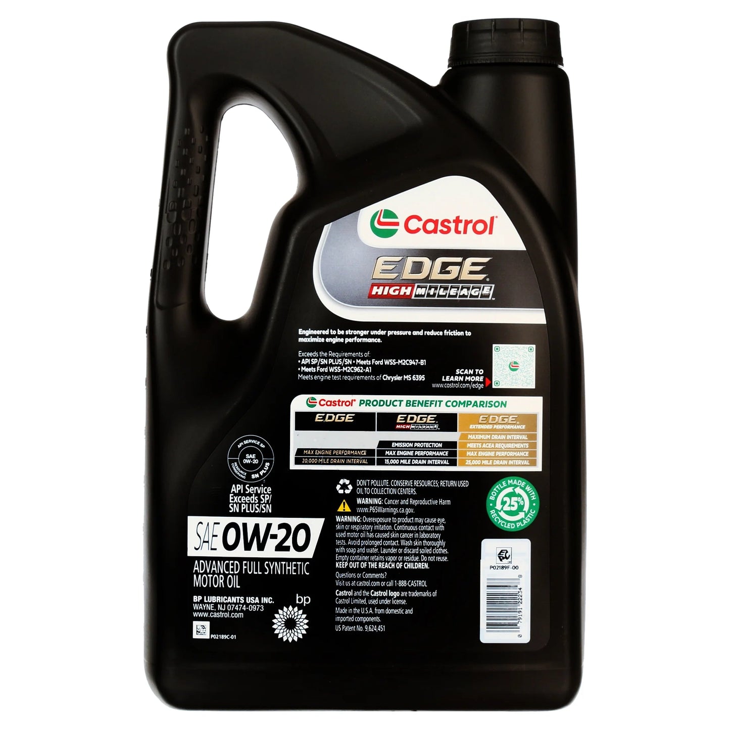 Edge High Mileage 0W-20 Advanced Full Synthetic Motor Oil, 5 Quarts, Case of 3