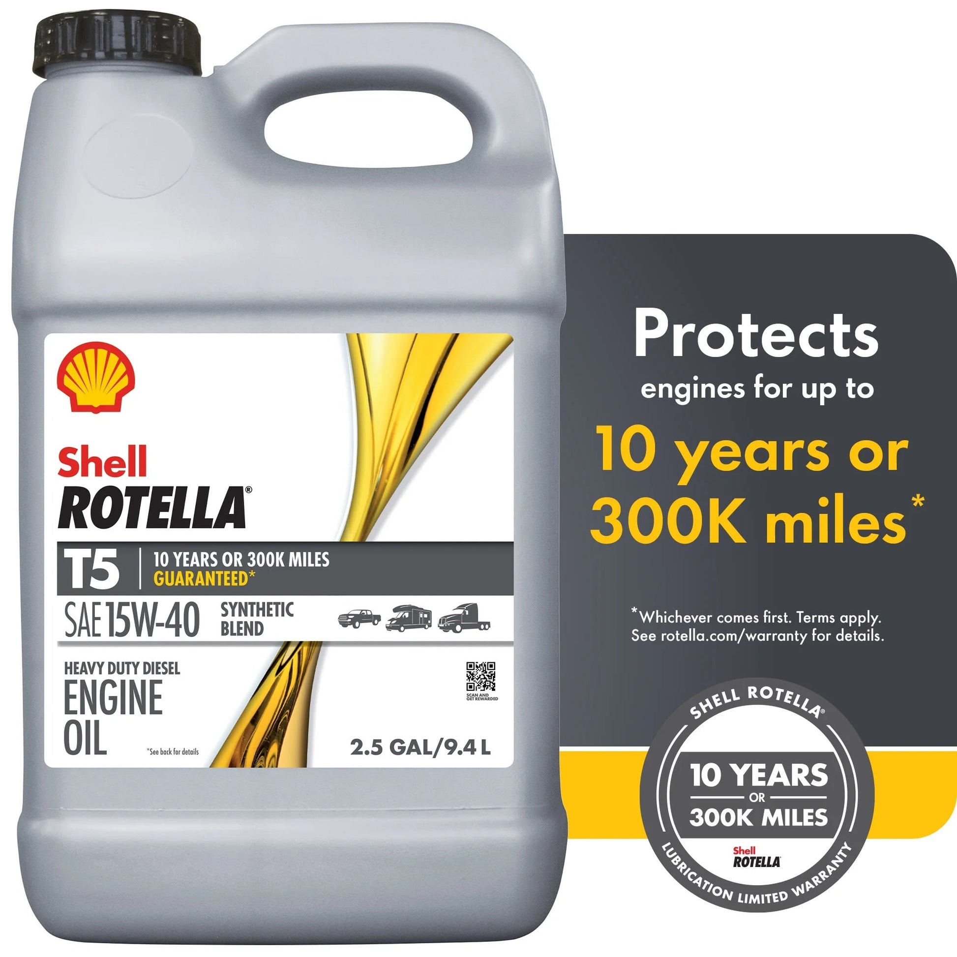 Shell  T5 Synthetic Blend 15W-40 Diesel Engine Oil, 2.5 Gallon