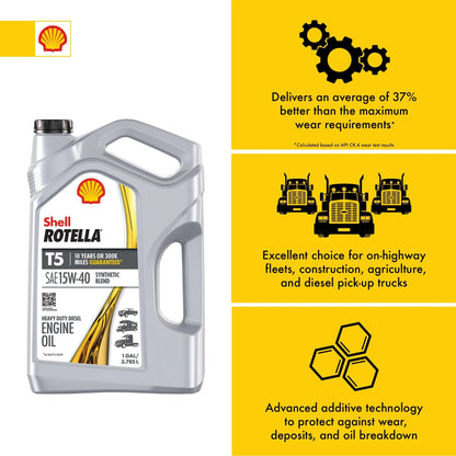 (1 Pack) Shell  T5 Synthetic Blend 15W-40 Motor Oil, 1 Gallon (3 Pack)