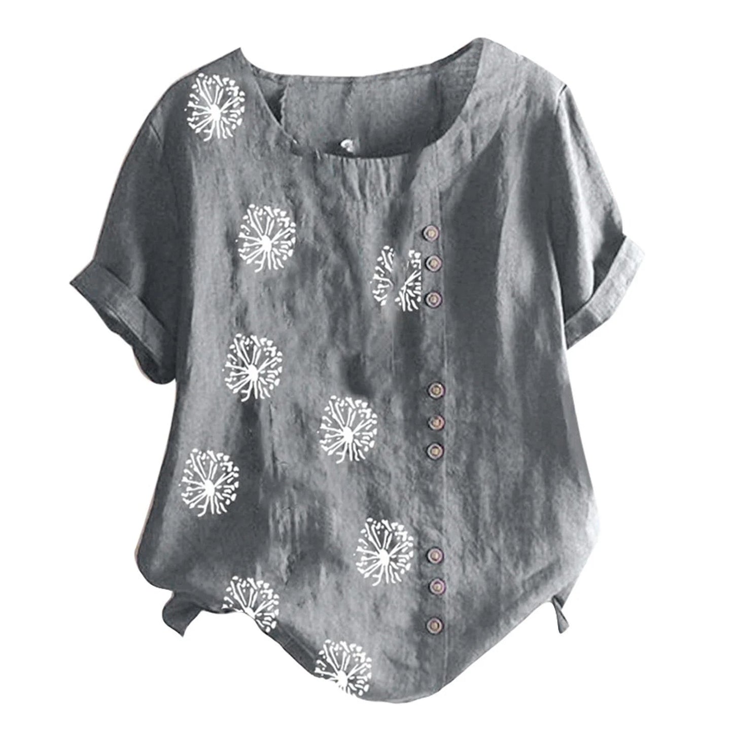 Women'S Dandelion Print Summer Tops Button Shirts Loose Casual round Neck Short Sleeve